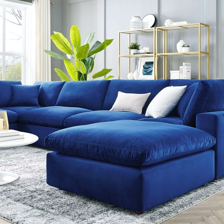 Luxurious Overstuffed Blue Velvet Sectional Sofa