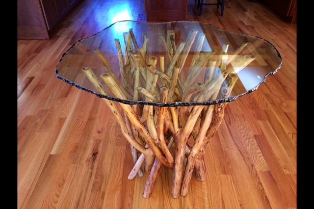 Rustic Glass Top Table with Natural Wood Base