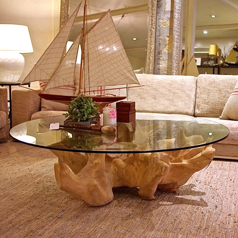 Rustic Tree Trunk Coffee Table with Glass Top