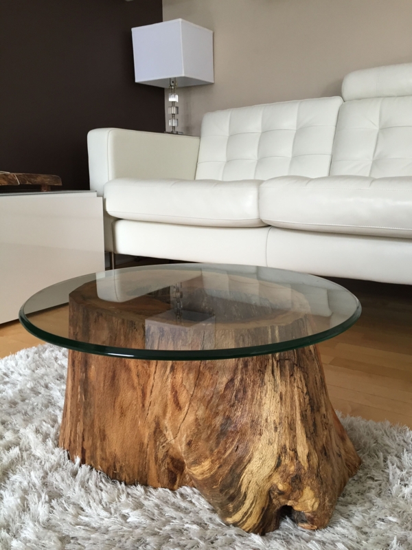 Rustic Tree Trunk Coffee Table with Glass Top