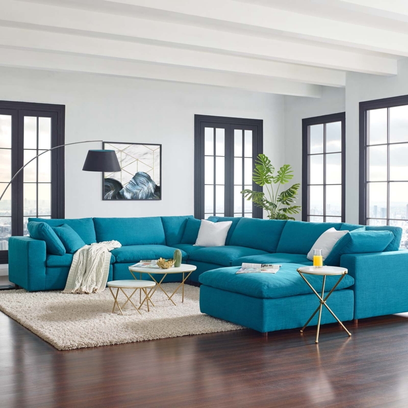 Teal Overstuffed 7-Piece Sectional Sofa with Modern Decor