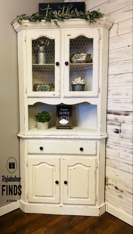 Vintage White Distressed Corner Hutch with Chicken Wire