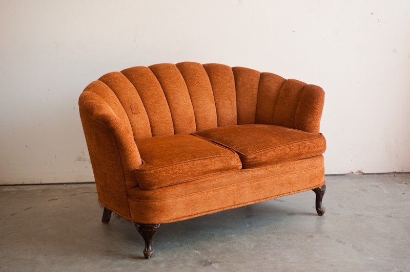 Burnt Orange Clamshell Velvet Settee Vintage Style