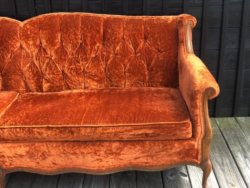 Burnt Orange Tufted Velvet Mid-Century French Sofa