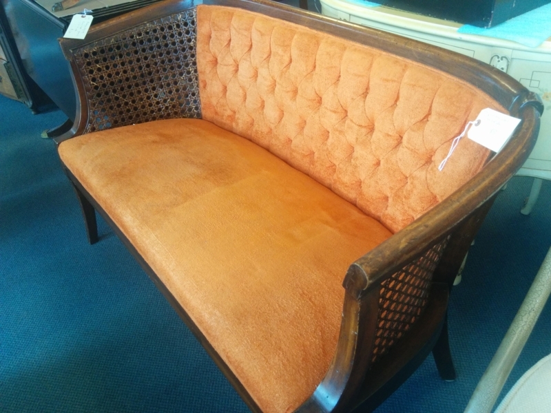 Burnt Orange Upholstered Vintage Wicker Settee