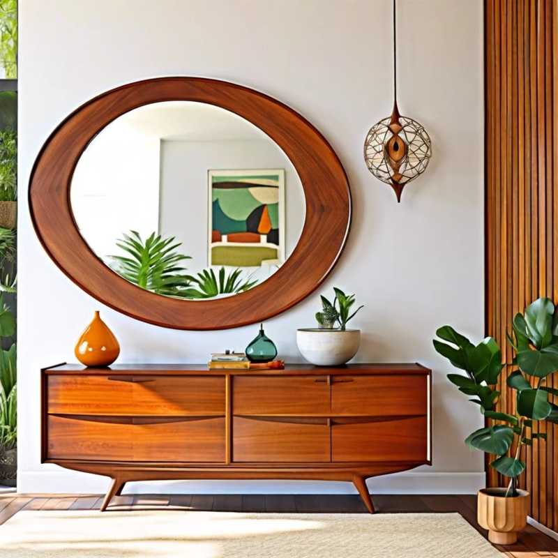 Elegant Mid Century Modern Wooden Mirror and Console