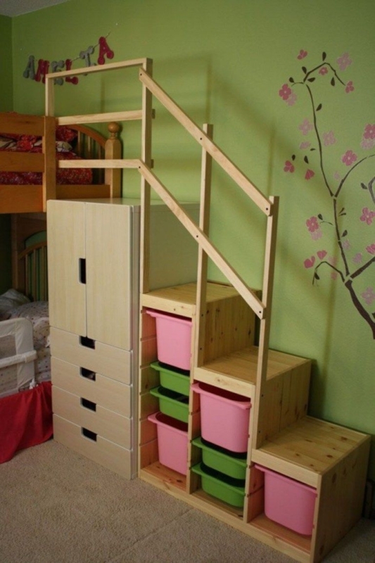 Full Size Loft Bed with Staircase and Storage Bins