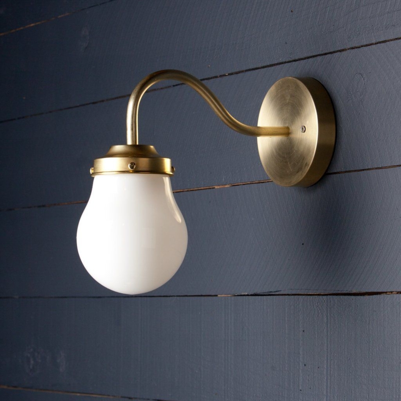 Gooseneck Teardrop Milk Glass Wall Sconce in Brass