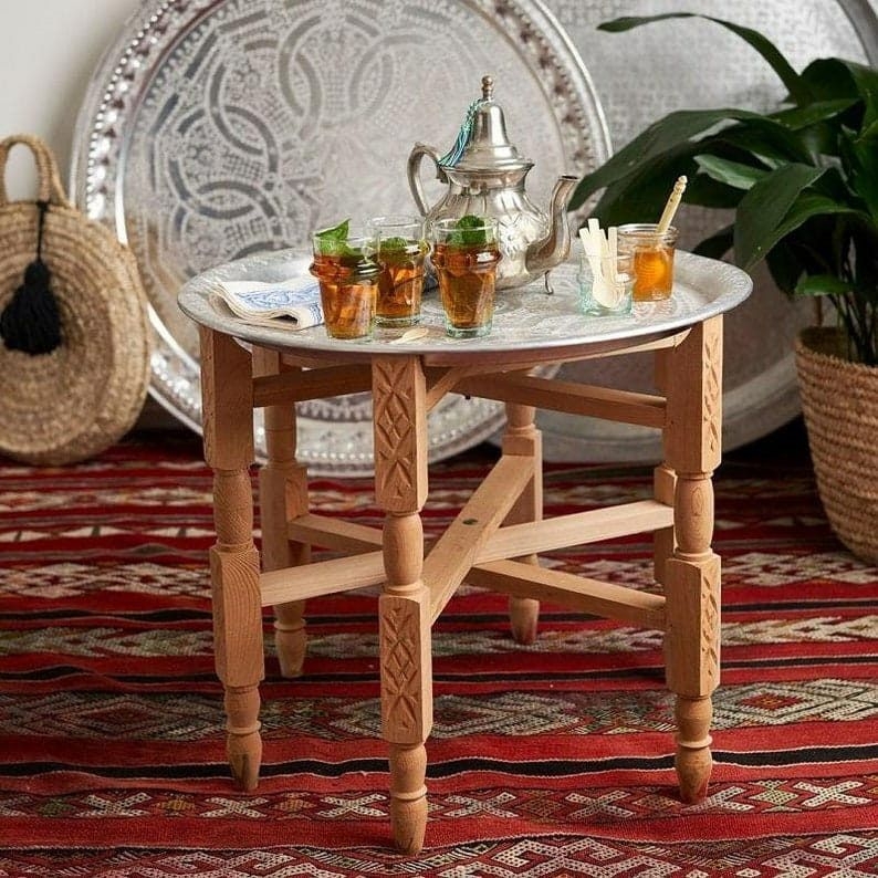 Handcrafted Moroccan Aluminum Tray on Wooden Table