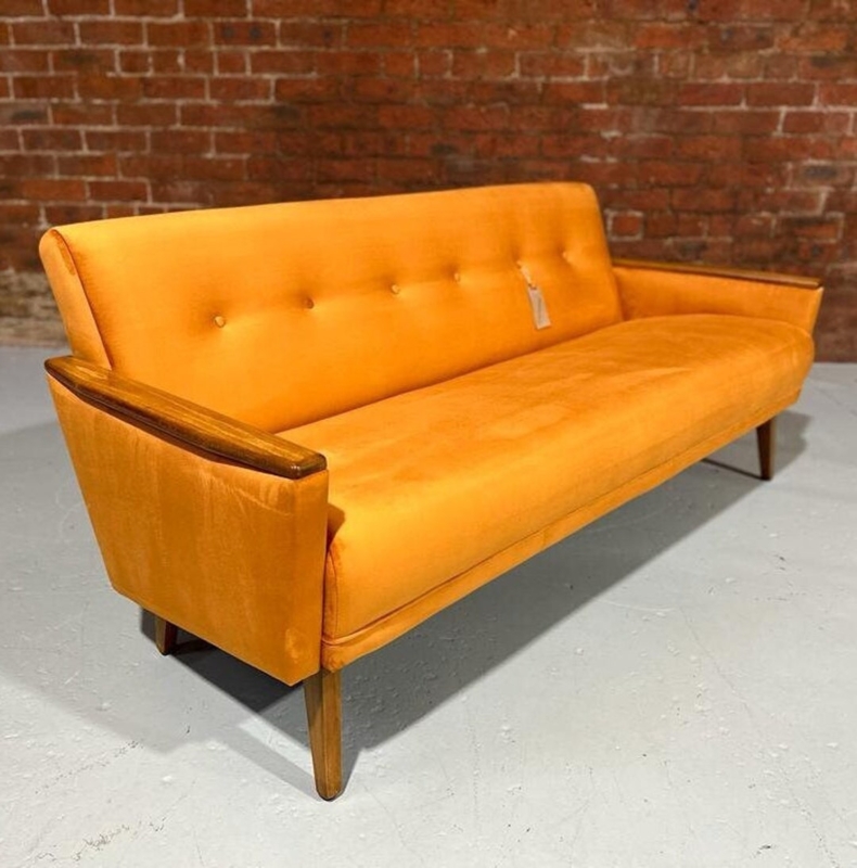 Handmade Danish Mid Century Orange Velvet Sofa