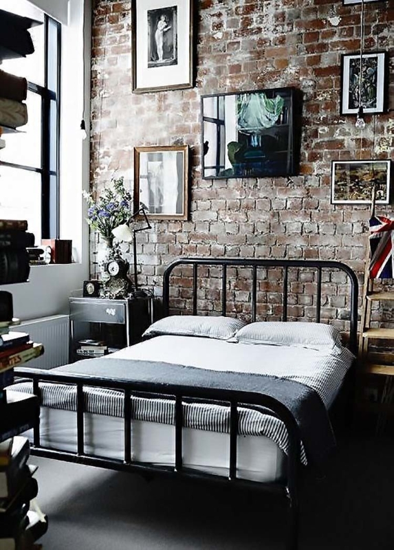 Industrial Bedroom Design with Exposed Brick Walls