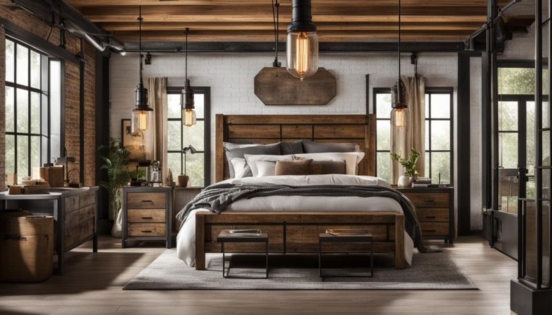 Industrial Chic Bedroom with Warm Wood Tones