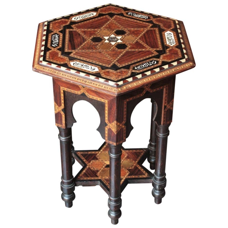 Intricate Moroccan Hexagonal Wood Inlay Table