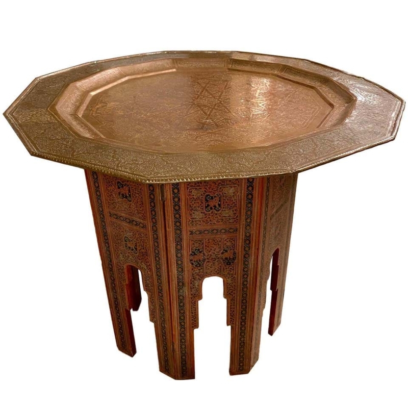 Intricately Carved Moroccan Brass and Wood Side Table