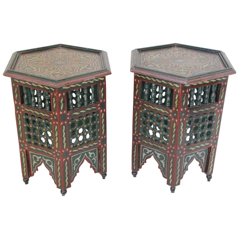 Intricately Painted Moroccan Hexagonal Side Tables
