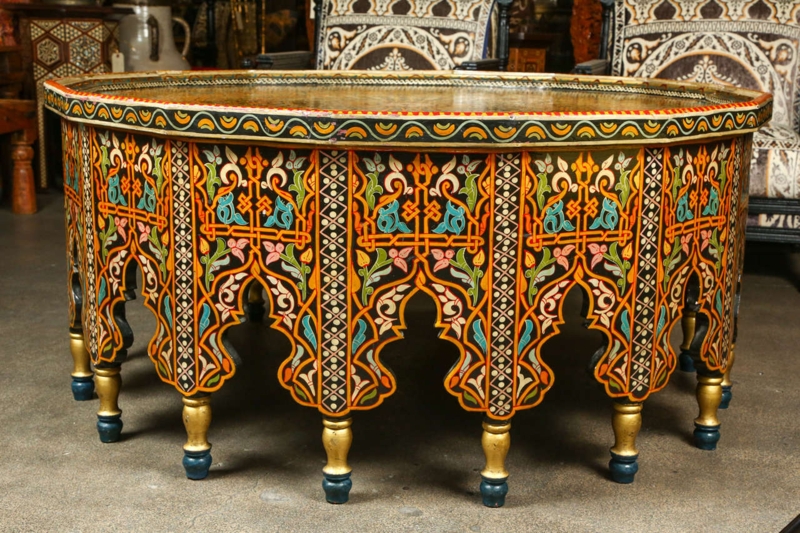 Intricately Painted Moroccan Round Coffee Table