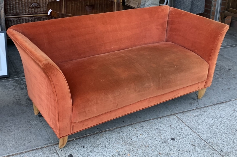 Modern Burnt Orange Velvet Sofa with Wooden Legs