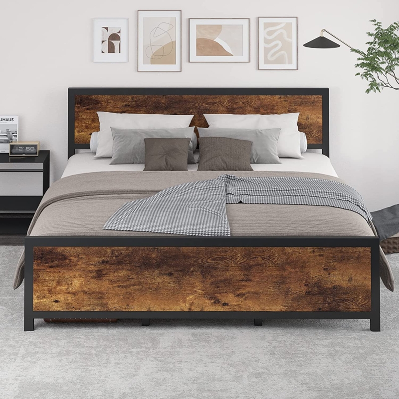 Modern Industrial Wood and Metal Bed Frame