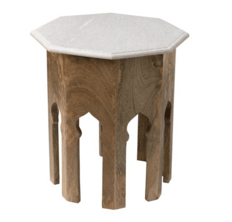 Octagonal Moroccan Wood and Marble Side Table