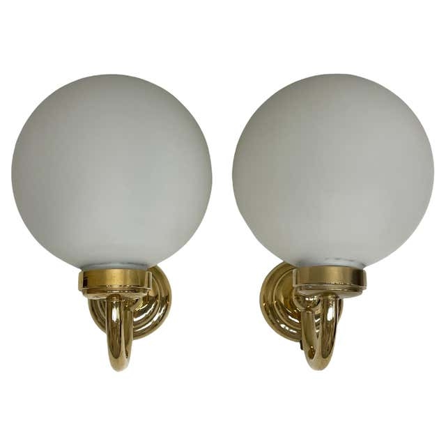 Pair of Brass and Milk Glass Globe Wall Sconces