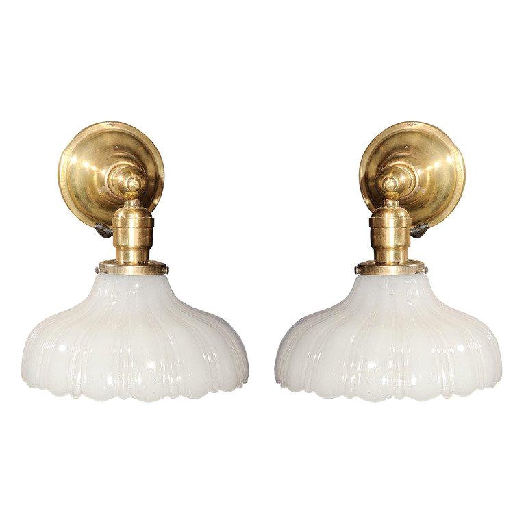 Scalloped Milk Glass and Brass Wall Sconces Pair
