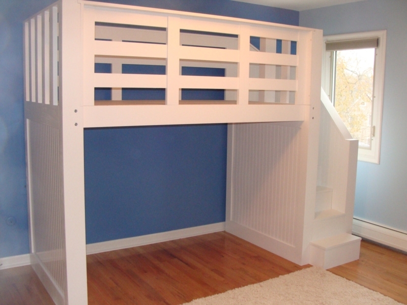 White Loft Bed with Built-in Stairs for Kids