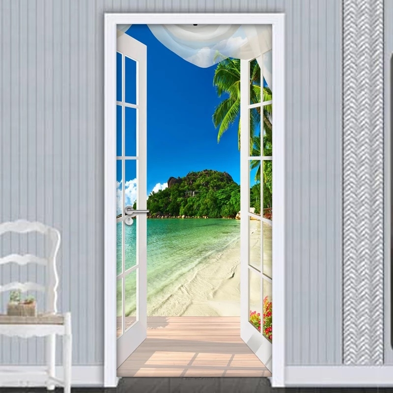 3D Beach View Door Sticker for Tropical Decor