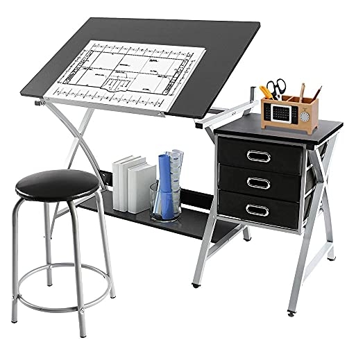 Adjustable Black Art Table with Storage Drawers