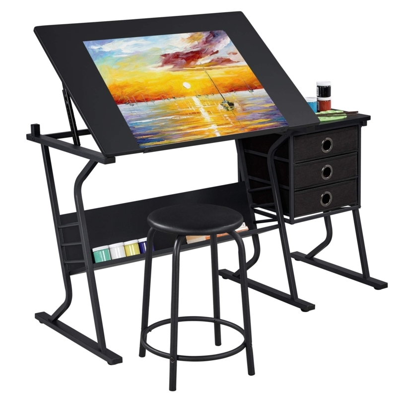 Adjustable Black Art Table with Storage Drawers