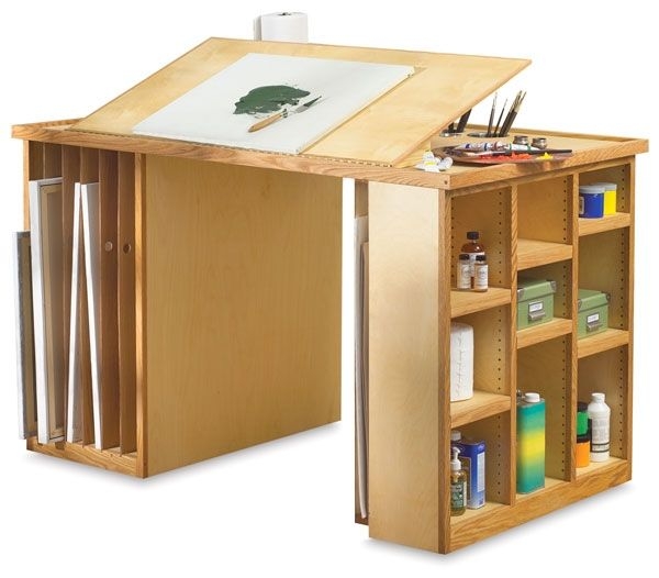 Adjustable Wooden Drafting Table with Storage Shelves