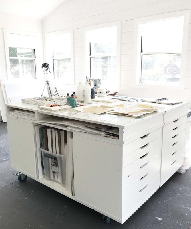 Bright Custom White Art Studio Table with Storage