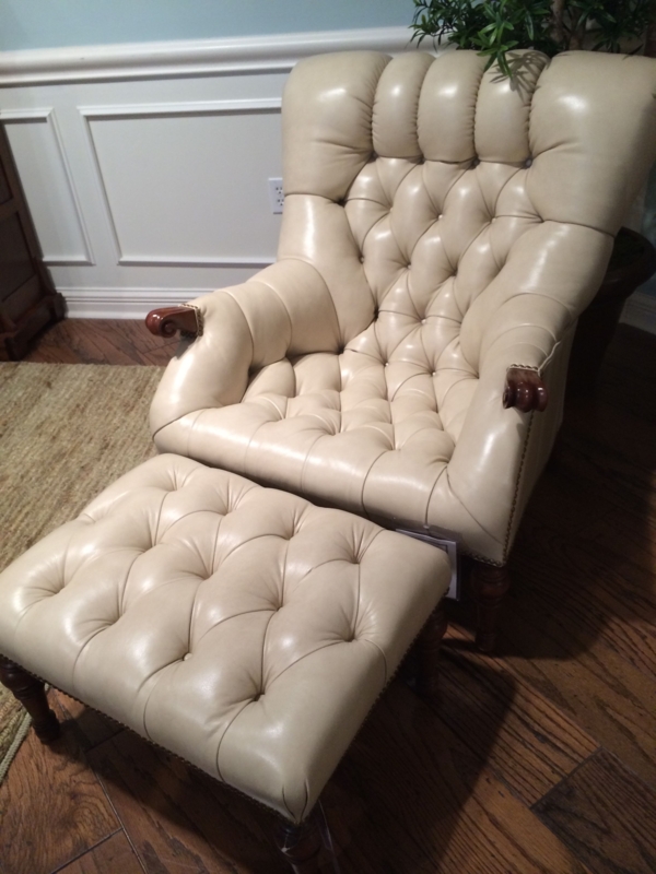 Cream Leather Tufted Wingback Chair with Ottoman