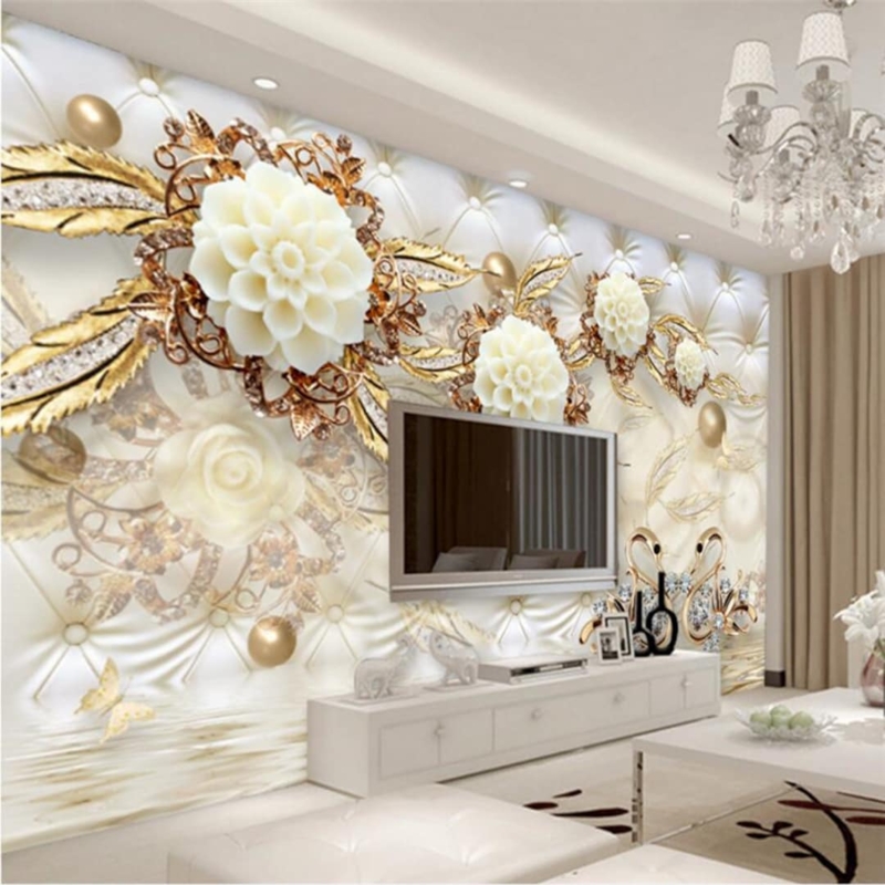 Luxurious 3D Gold Floral Wallpaper Living Room Design