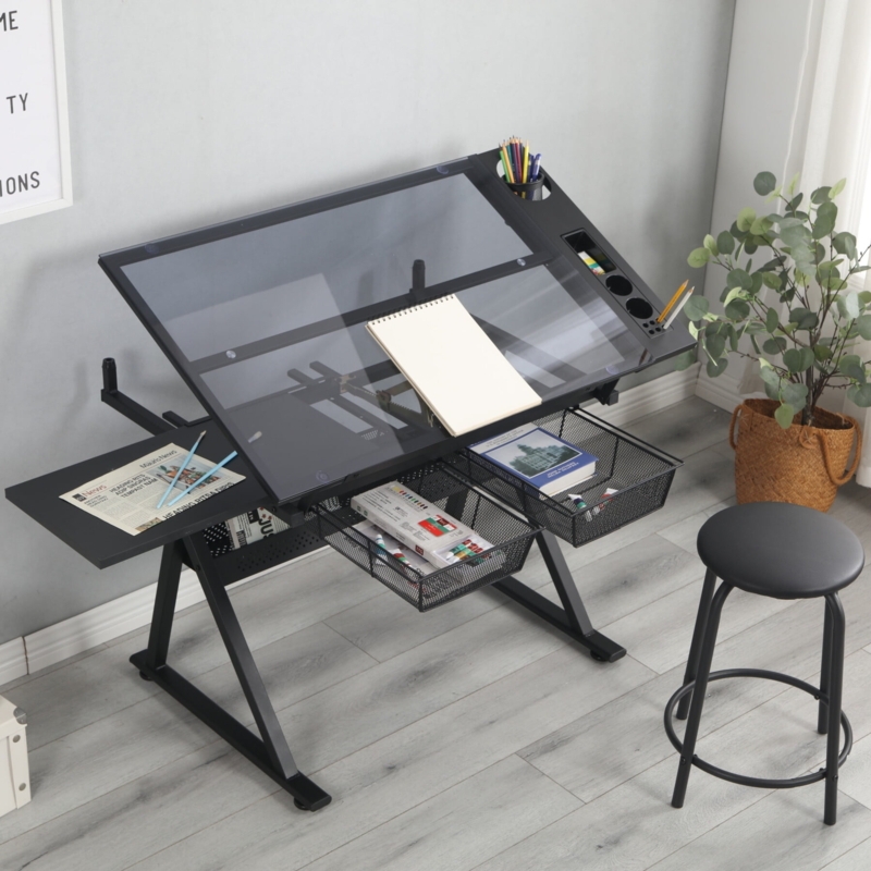 Modern Adjustable Drafting Table with Storage Baskets