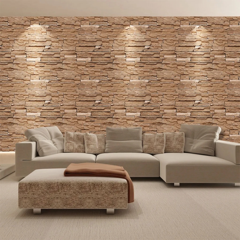 Modern Living Room with 3D Stone Texture Wall