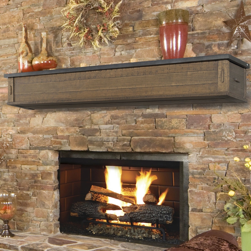 Rustic Stone Fireplace with Wooden Storage Mantel Shelf