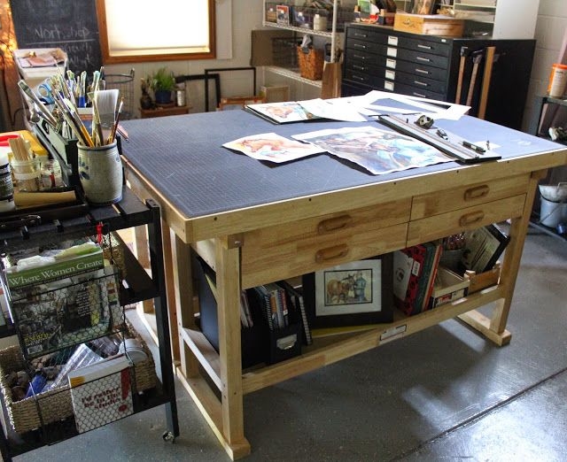 Spacious Wooden Artist Table with Storage Drawers