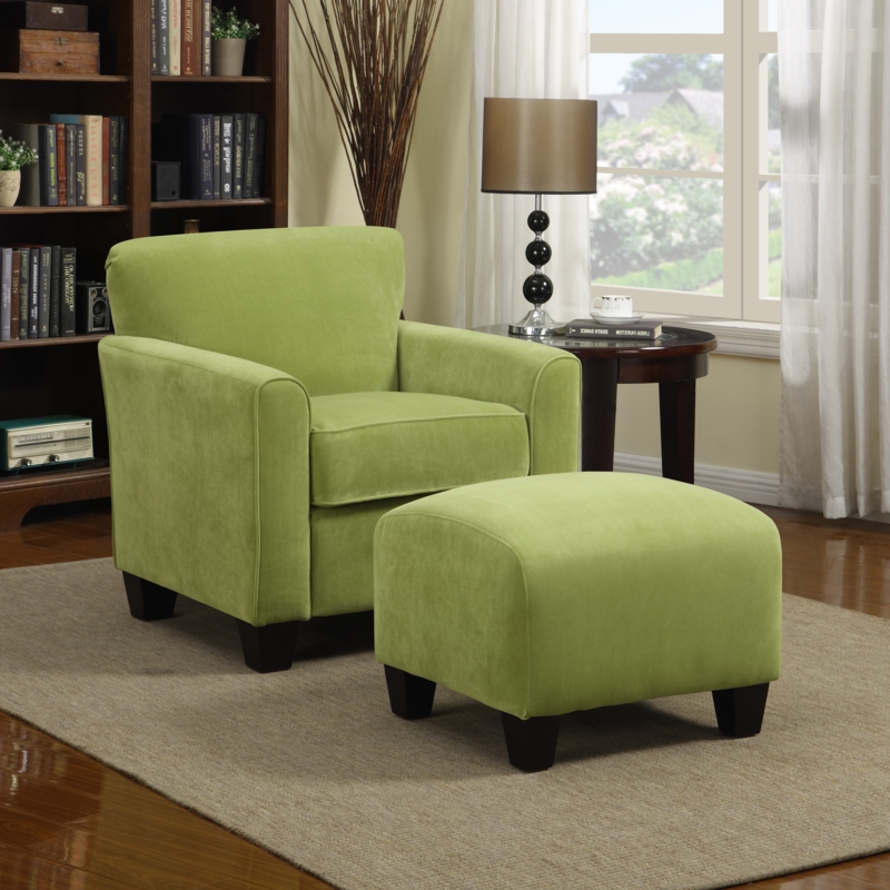 Spring Green Velvet Armchair with Ottoman in Cozy Living Room