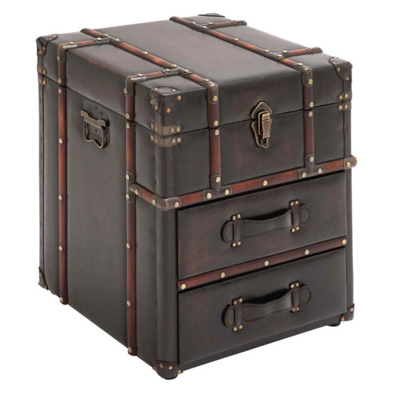 Vintage Leather Trunk End Table with Drawers
