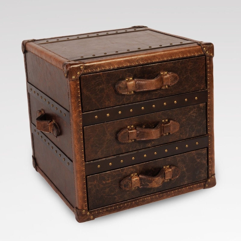 Vintage Leather Trunk End Table with Drawers