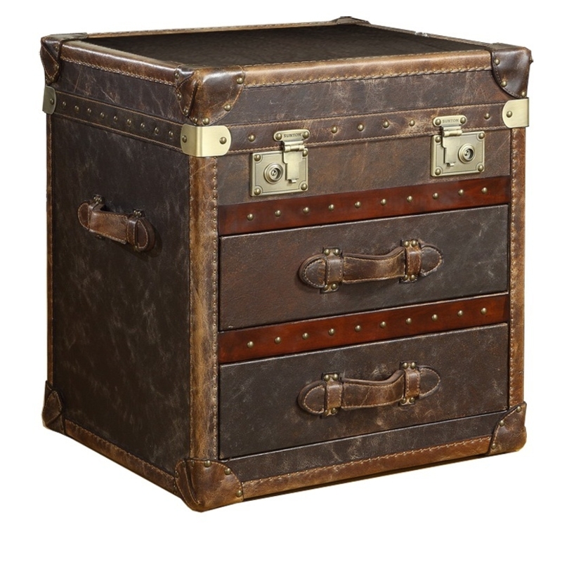Vintage Leather Trunk End Table with Storage Drawers