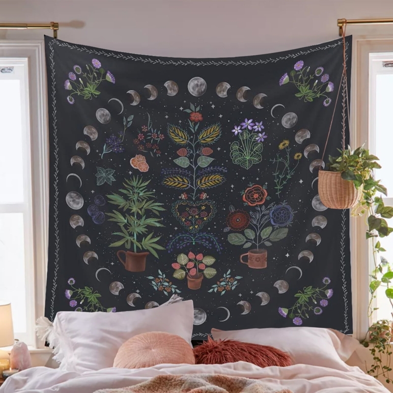 Botanical Moon Phase Tapestry for Cozy Bedroom Walls