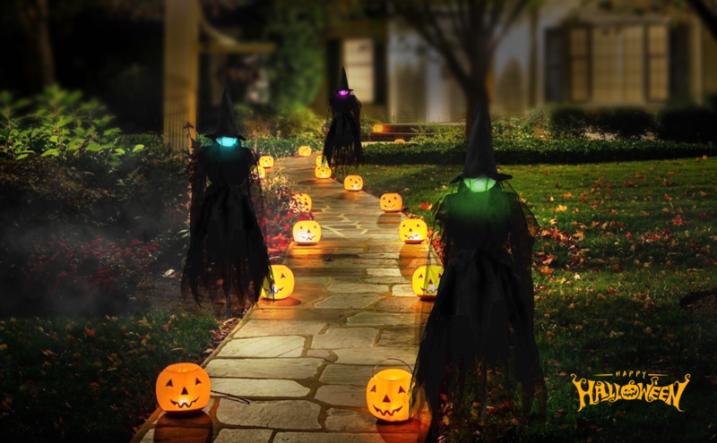Glowing Halloween Witch and Pumpkin Pathway Decor