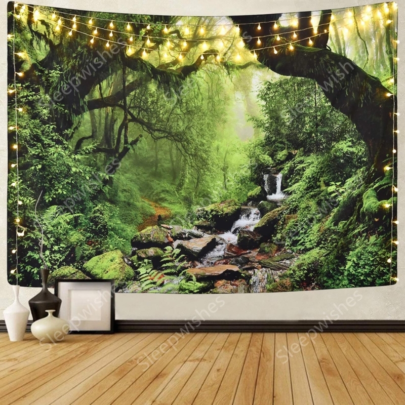 Lush Green Forest Wall Tapestry with String Lights