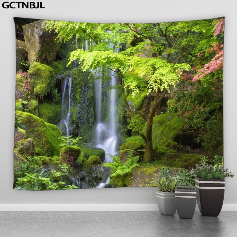 Lush Green Waterfall Nature Tapestry Wall Art