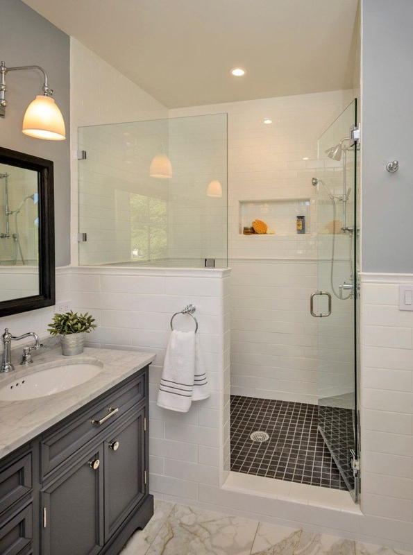 Modern Half Wall Glass Shower with Black Tile Floor