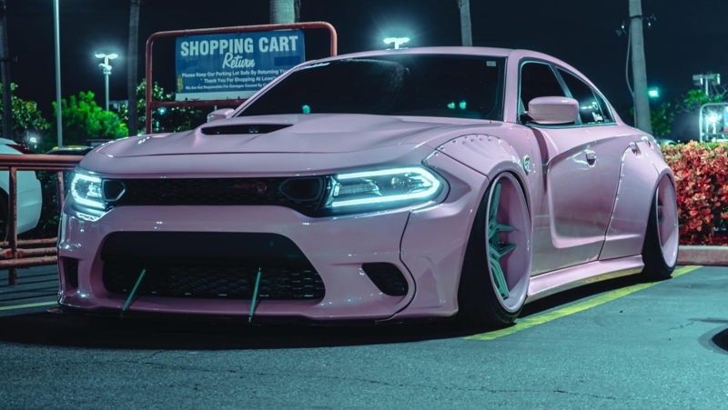 Pink Flamingo Widebody Dodge Charger at Night