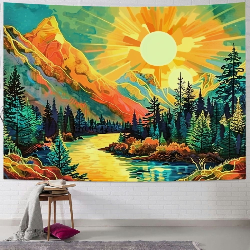 Vibrant Mountain Sun and Forest Tapestry Wall Art