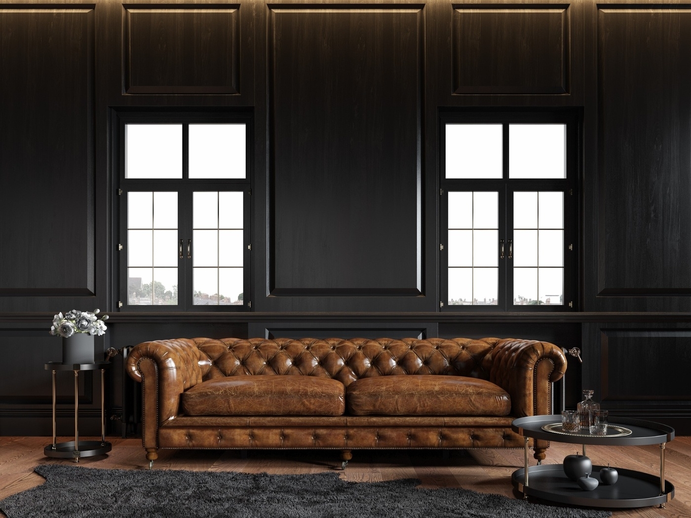 Living Room With Brown Chesterfield Sofa