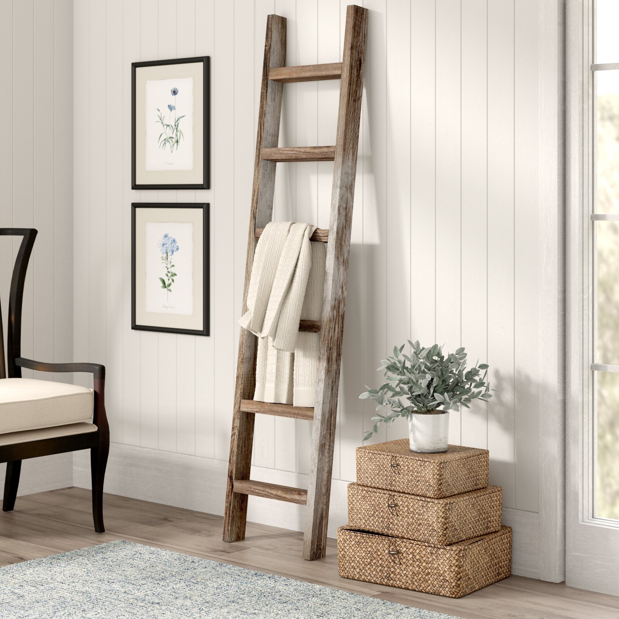 5-Tier Farmhouse Wall Mounted Ladder Quilt Rack with Shelf Rapid
